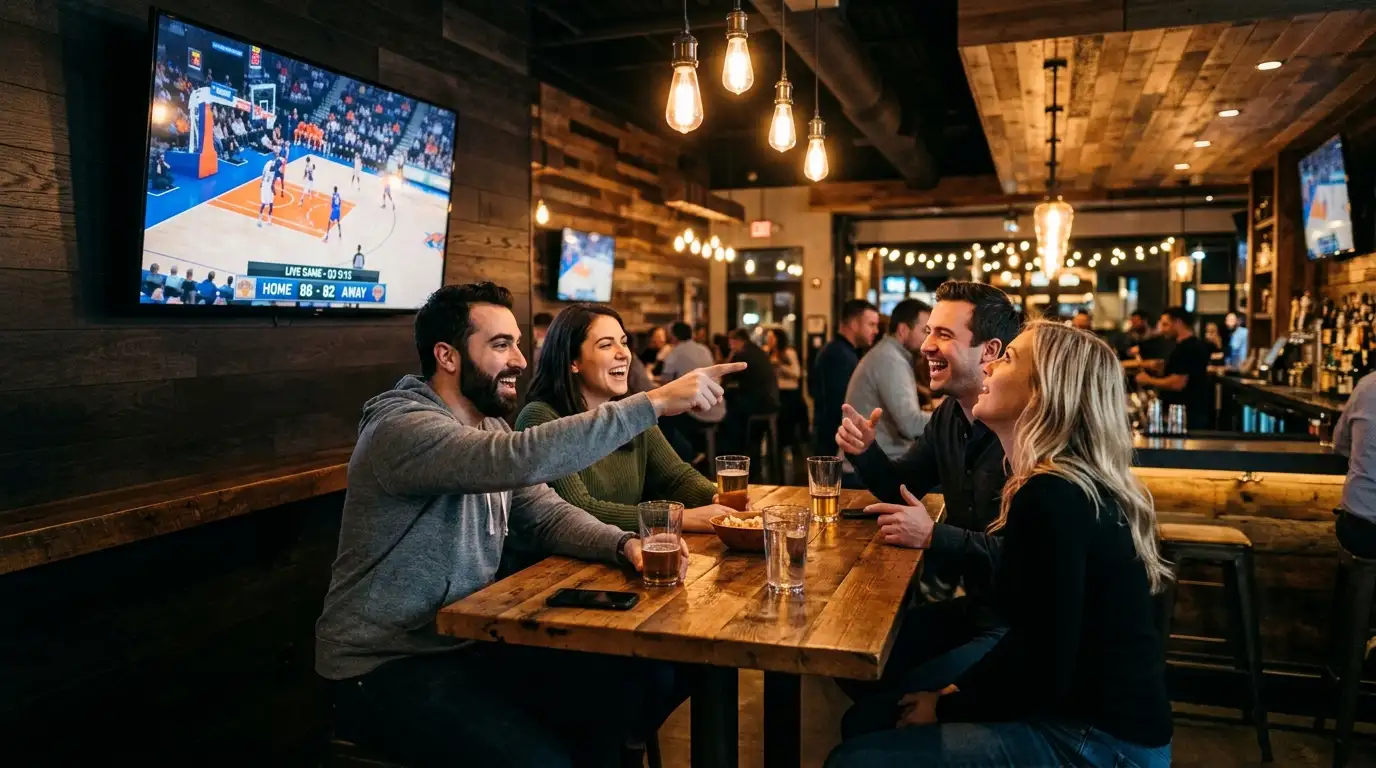 Fãs a assistir a um jogo de basquetebol NBA num ecrã grande dentro de um bar desportivo com bebidas na mesa