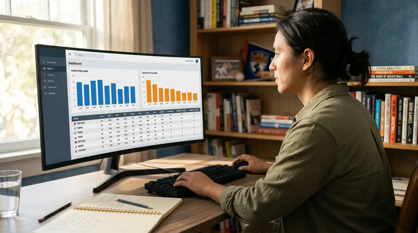 Pessoa a analisar dados e gráficos de desempenho de basquetebol num monitor com caderno de notas ao lado