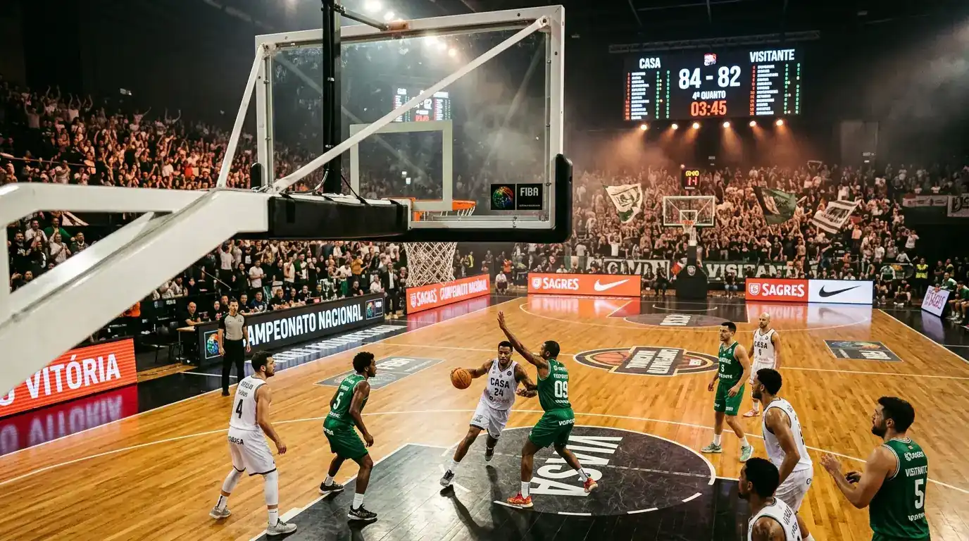 Arena de basquetebol NBA iluminada durante um jogo noturno com tabela e canestro em destaque