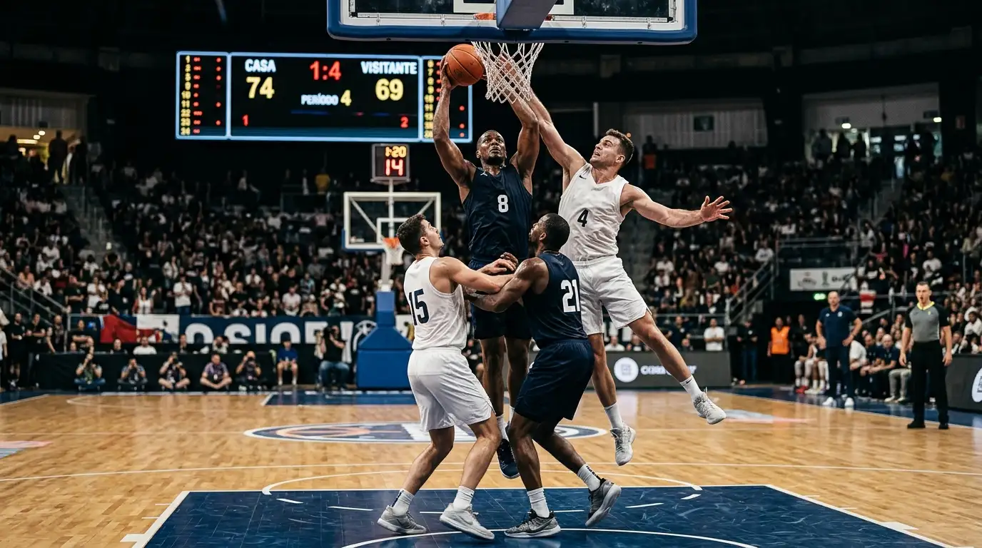 Jogadores de basquetebol NBA em ação no pavilhão com tabela de resultados visível ao fundo